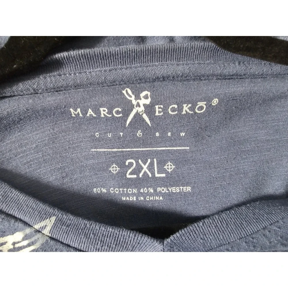 Urban Marc Ecko Cut & Sew Graphic T-Shirt Mens 2XL Blue V-Neck Slub Knit Eagle‎
